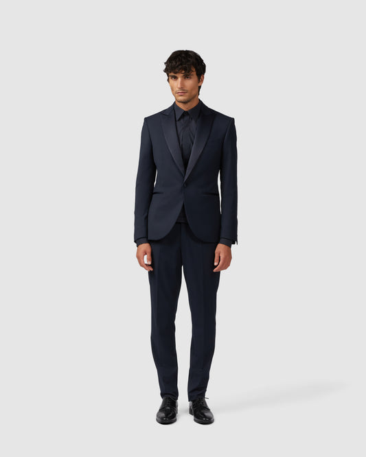 Blue comfort tuxedo with peaked collar