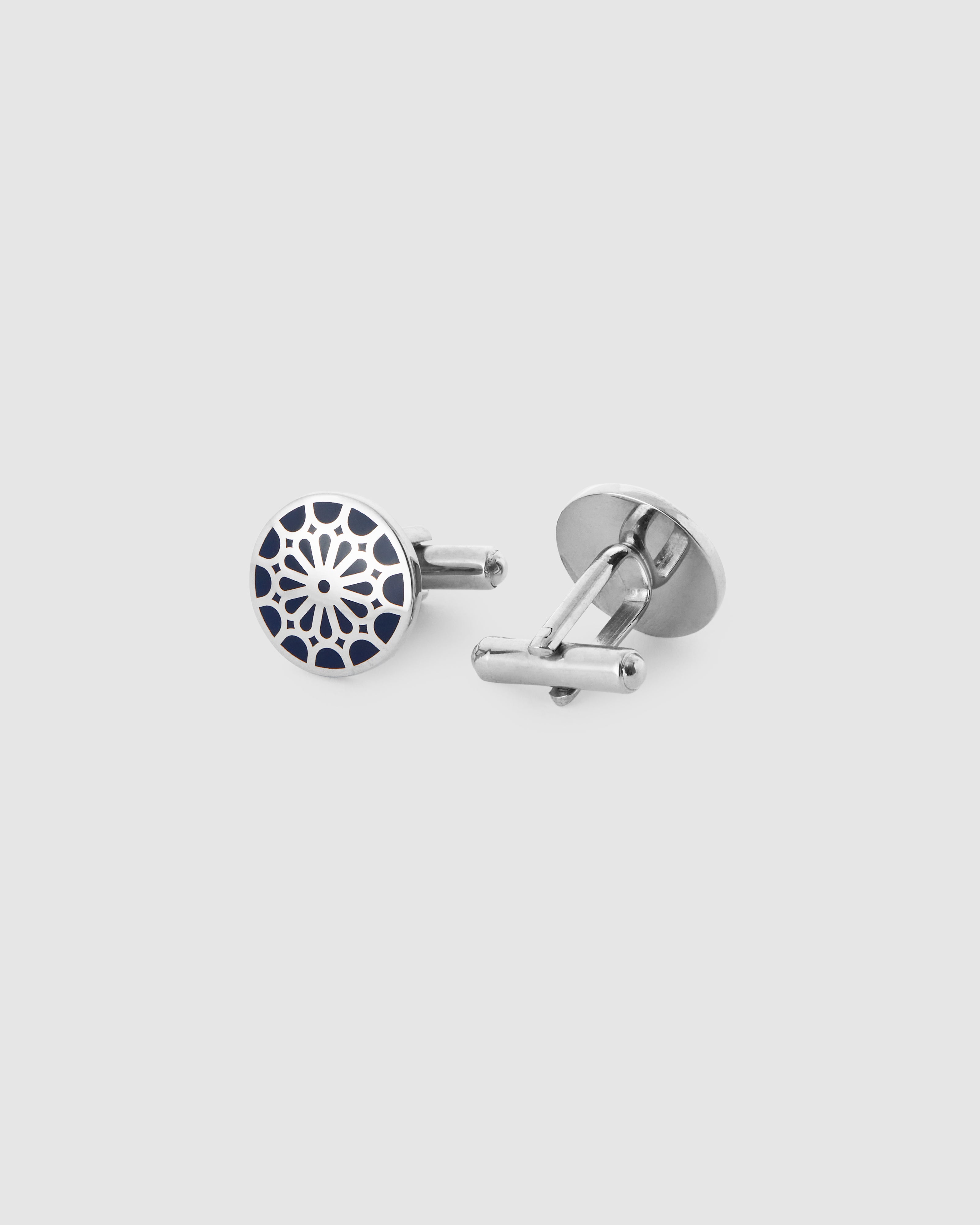 Blue enamel cufflinks with floral pattern