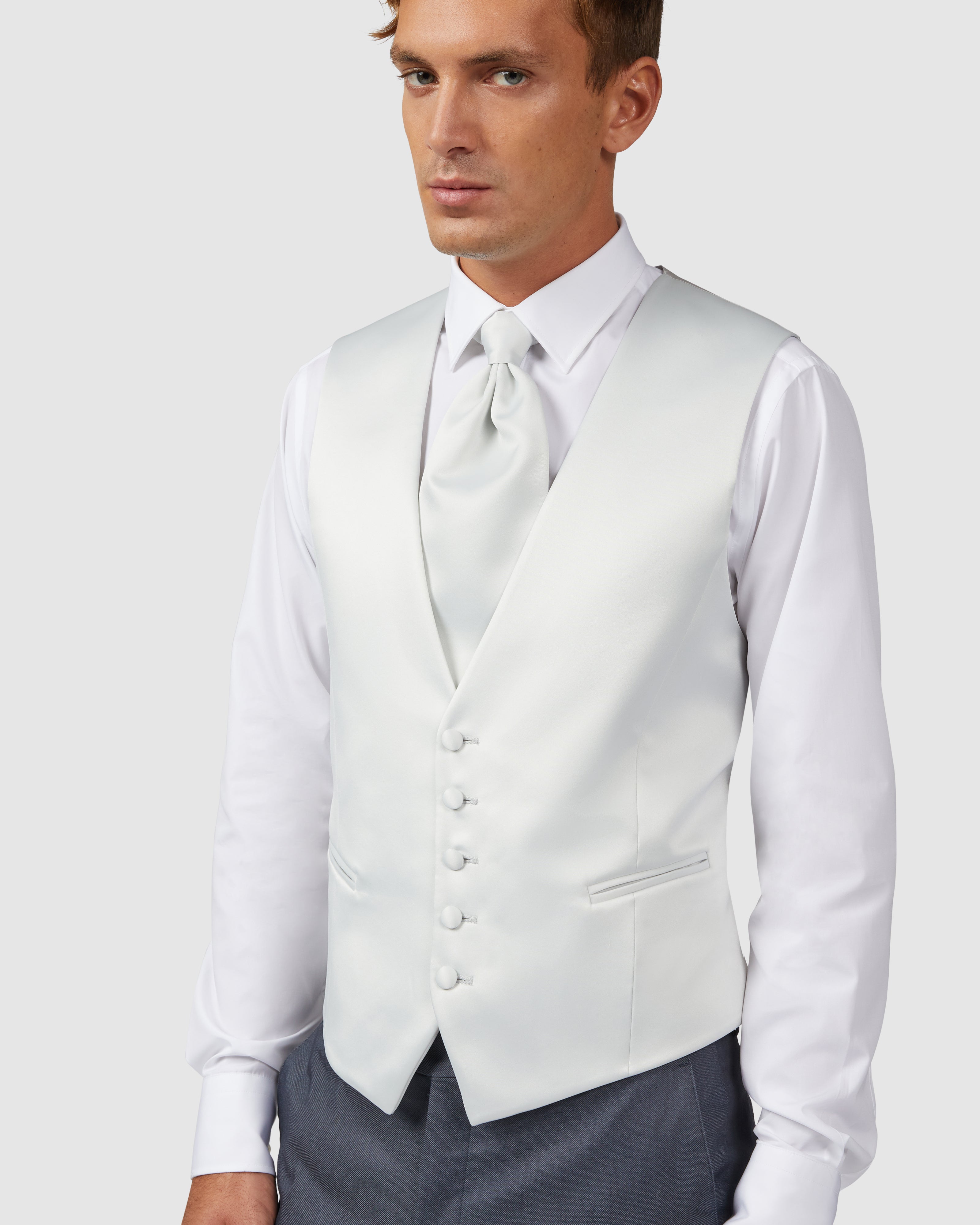 Pearl gray 5 button vest with matching ascot            