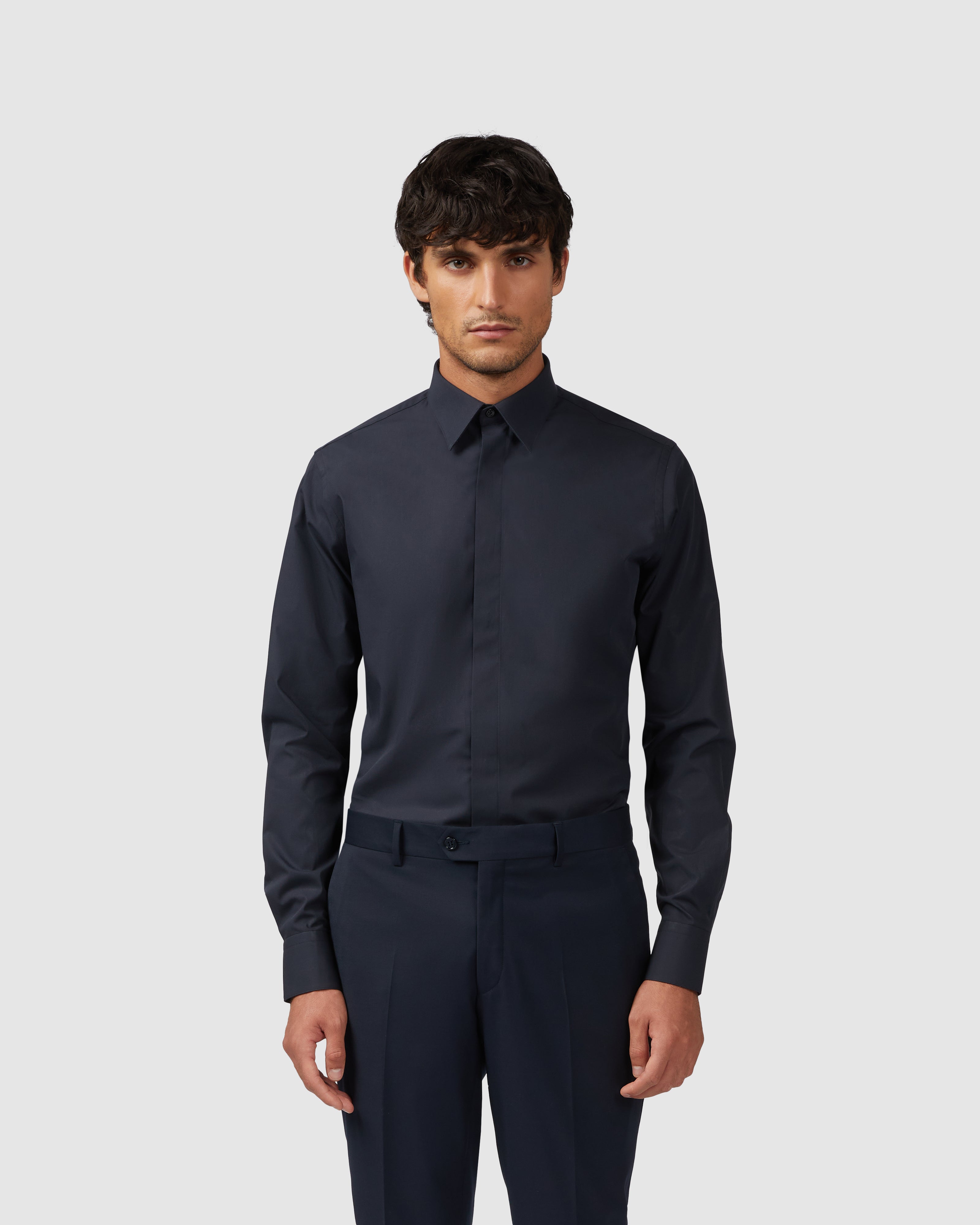 Dark blue comfort poplin shirt with Italian collar