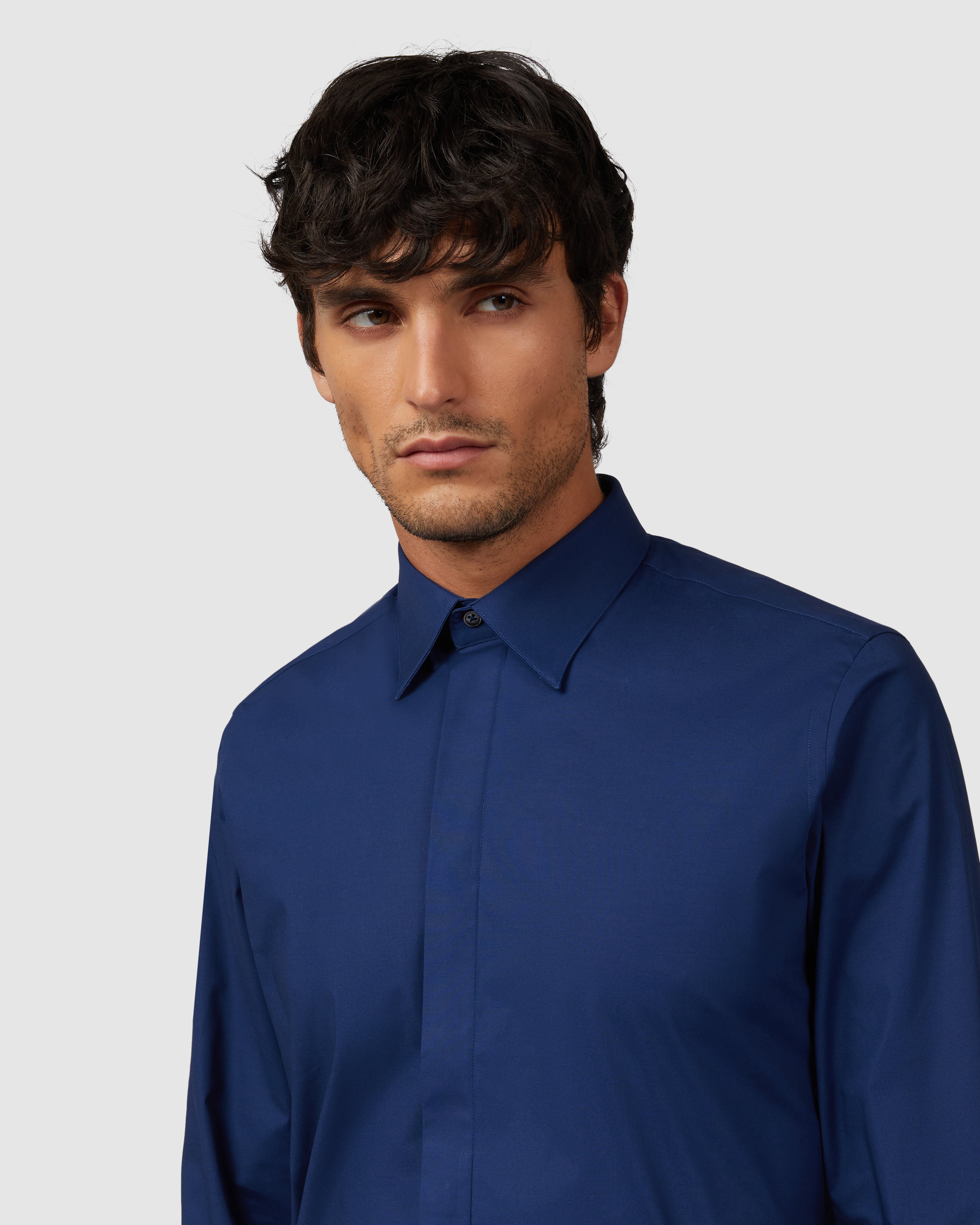 Camicia bluette in popeline comfort con collo italiano