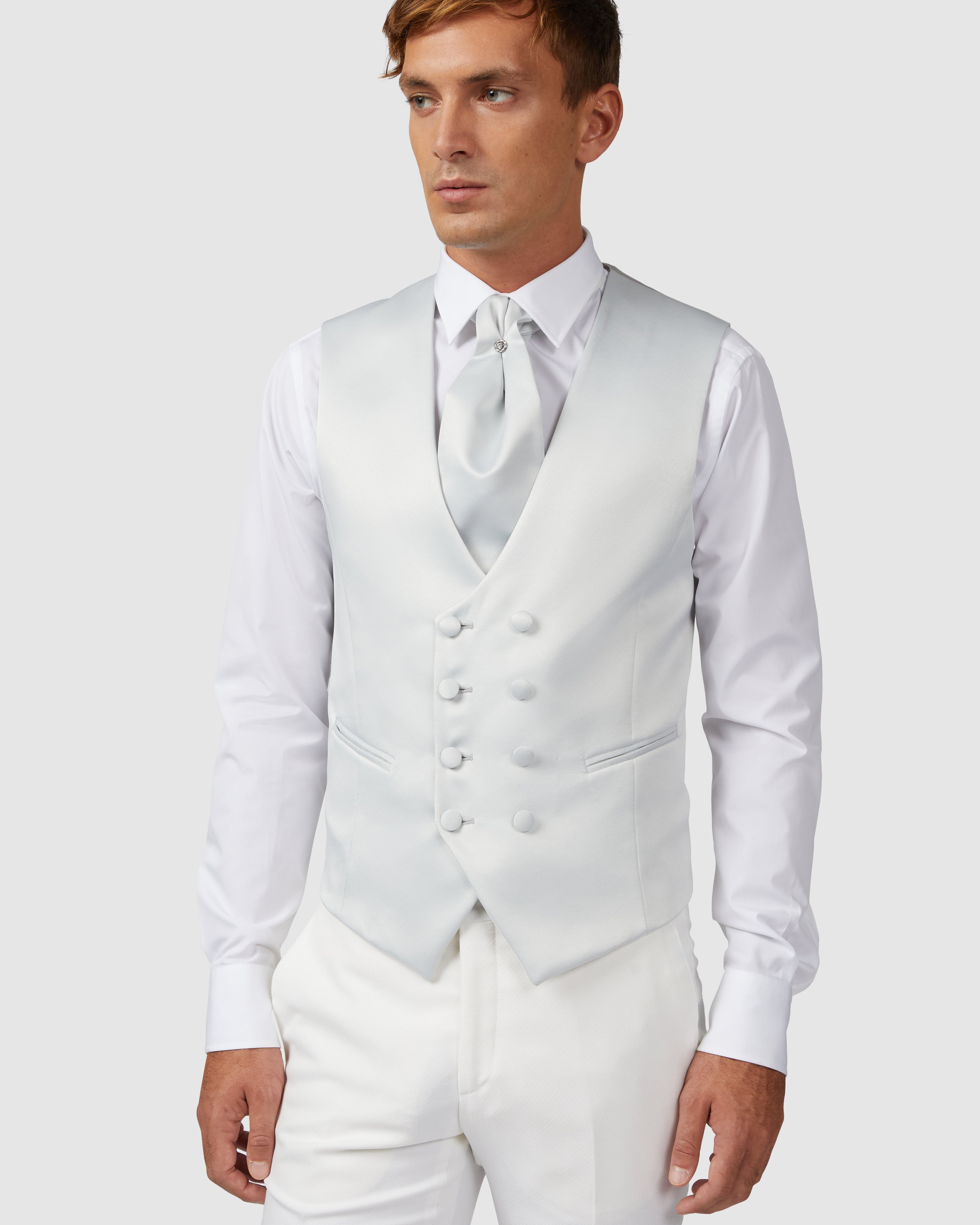 Pearl gray 8 button vest with matching ascot