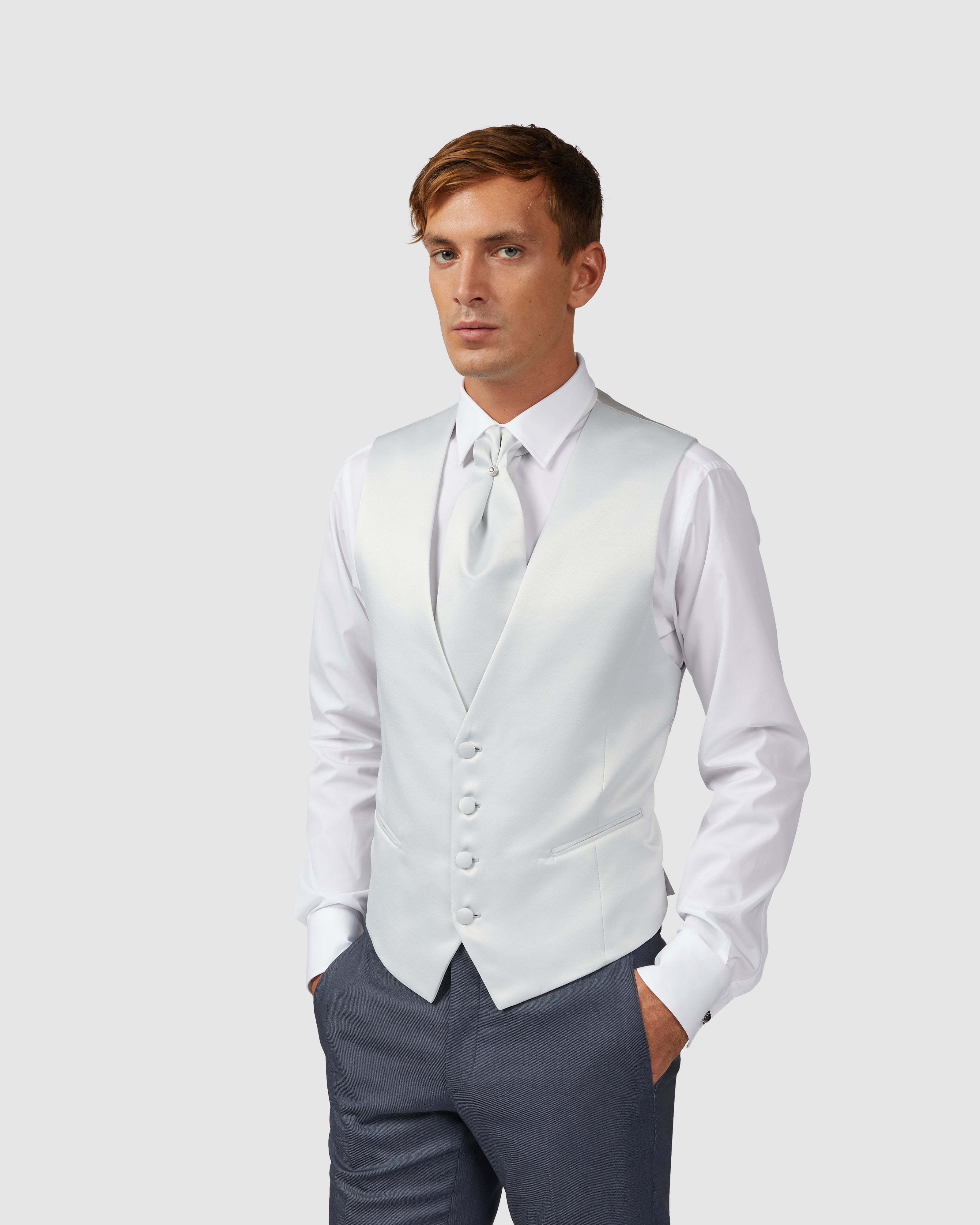 Pearl gray 4 button vest with matching ascot