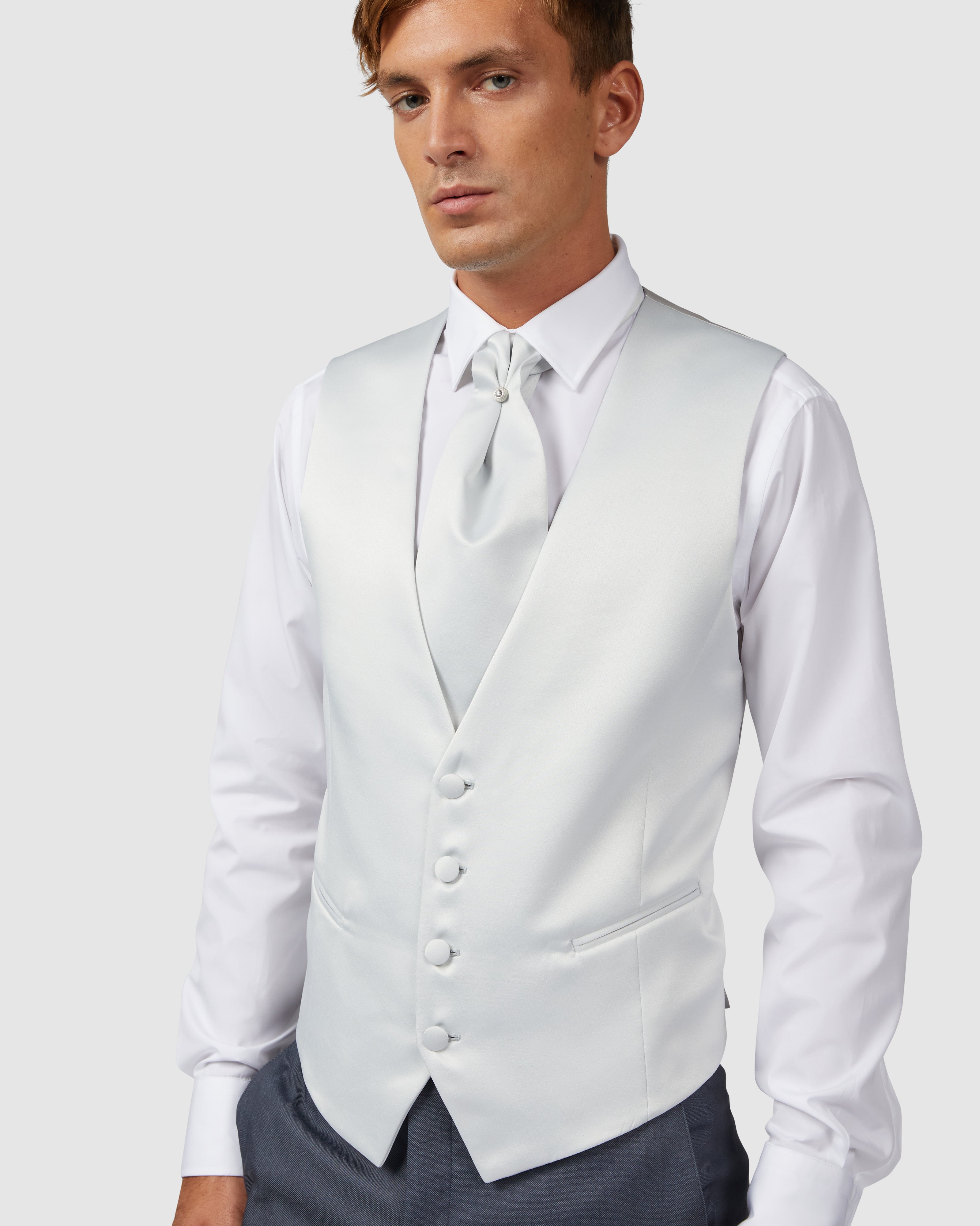 Pearl gray 4 button vest with matching ascot            